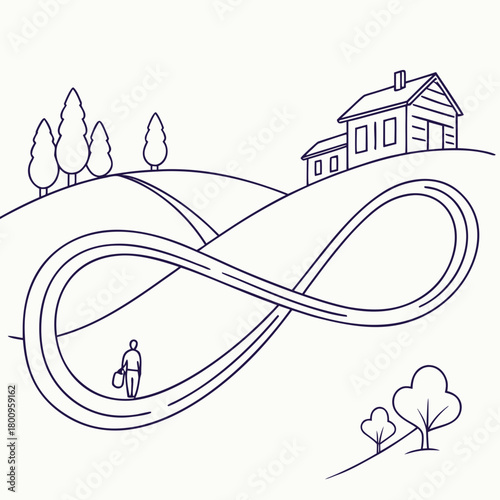 Infinity loop road with man walking towards house on hill, line art