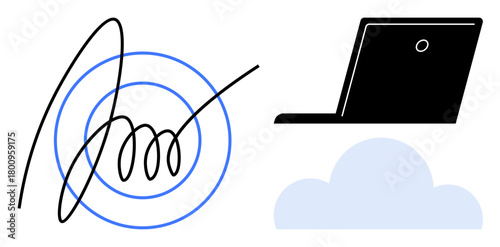 Abstract signature with circular patterns, laptop, and cloud. Ideal for digital security, cloud storage, remote access, legal documents, online contracts authentication modern technology. Simple