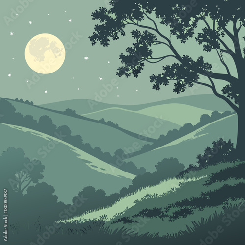 A serene night landscape with full moon, hills, and a silhouette tree