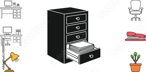 Office furniture icons desks filing cabinets chairs lamps plants and stationery