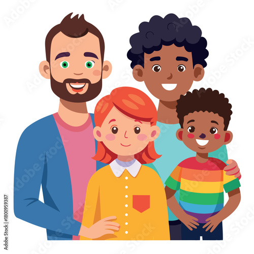 Happy Diverse Gay Couple with Adopted Kids Smiling and Hugging Together Family Portrait