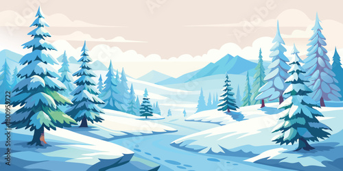 Winter landscape background with snow covered trees and mountains vector illustration design art
