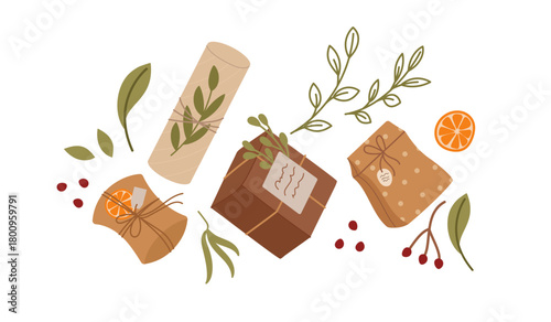 Vintage eco kraft gift box pile in flat graphic style. Present and package set with plant detail and christmas inspiration, brown paper, sustainable holiday concept, elegant decor.