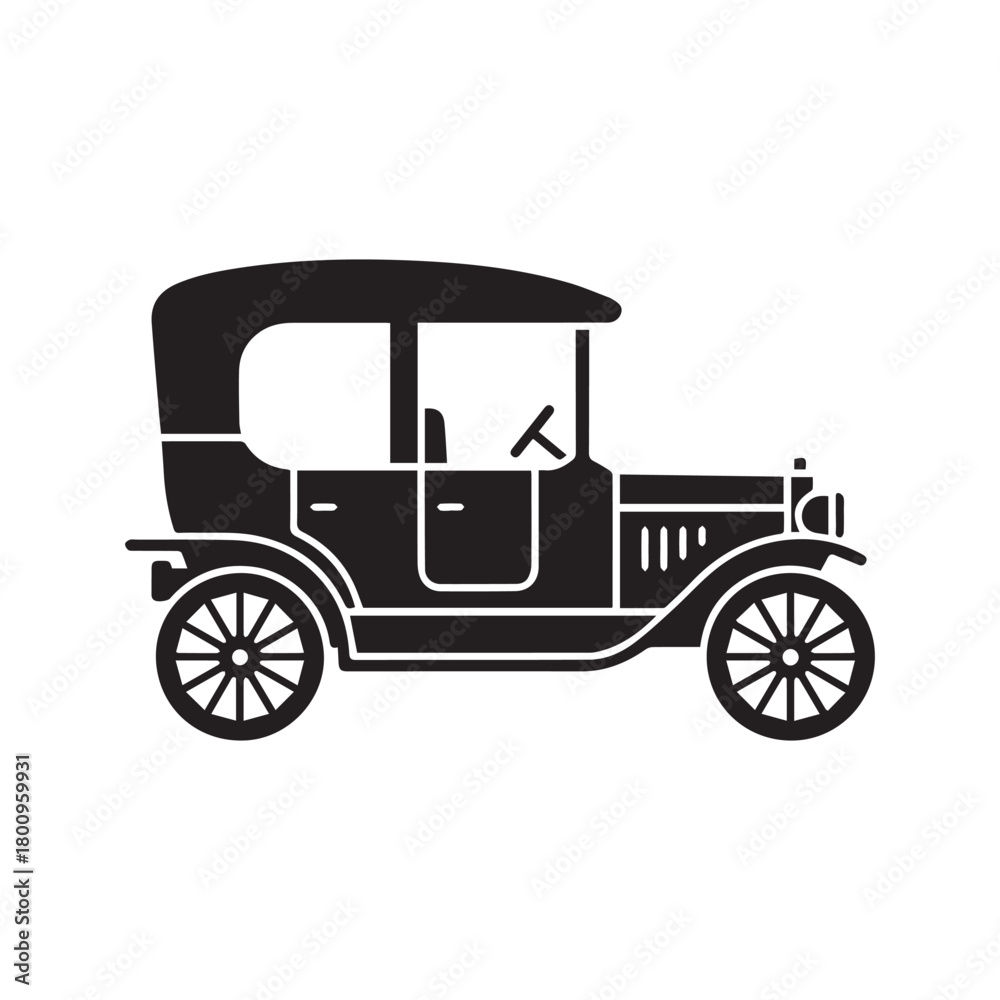 Fototapeta premium Antique Car Silhouette. Vintage Automobile Vector Icon. Classic Retro Vehicle from the early 20th century. Old Horseless Carriage Graphic. 