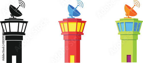 Stylized depictions of communication towers with satellite dishes in varying colors
