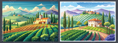 Tuscany landscape painting vector illustration, italian countryside hills, farm and vineyard scene
