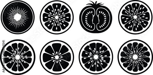 Black and white illustration of sliced citrus fruits and kiwi sections