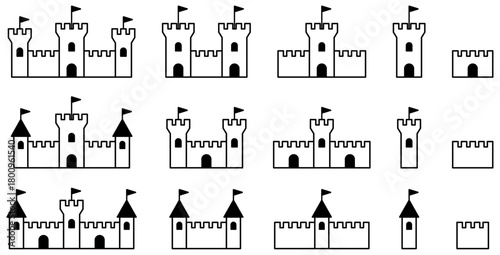 様々な形の城、砦、要塞アイコンのベクターイラストのセット