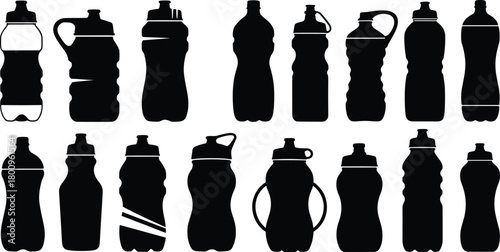 Set of reusable water bottle silhouettes, plastic and metal drink containers, sports and gym hydration vector illustration for fitness, eco lifestyle, and healthy living design