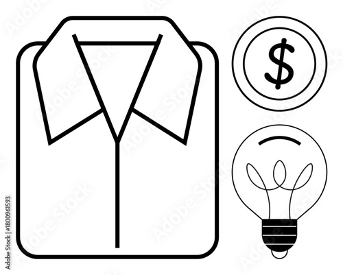 Shirt collar outline, currency coin, and lightbulb forming the concept of business, creativity, and fashion profitability. Ideal for innovation, clothing design, entrepreneurship, finance branding
