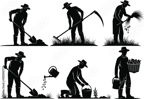 Silhouette farmers working in field with tools, watering plants, harvesting crops, agricultural rural lifestyle, farm labor illustration, vector drawing