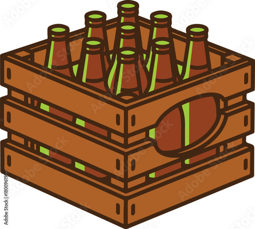 vector wooden crate filled with nine brown glass bottles for beverages or beer on a black background 