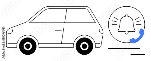 Car outline next to a notification bell and phone icon, representing safety alerts, connectivity, and communication. Ideal for technology, transportation, driving, security, innovation mobile apps