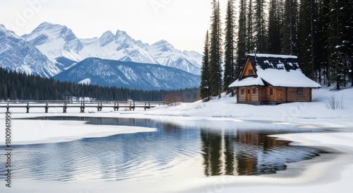 Fototapeta Naklejka Na Ścianę i Meble -  A rustic log cabin sits beside a partially frozen lake with snowcapped mountains in the background