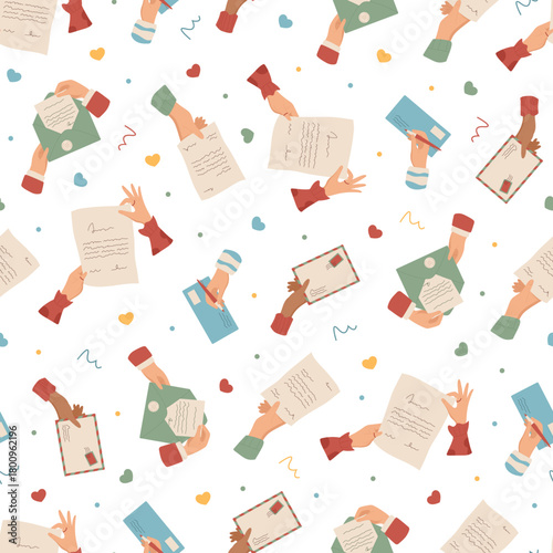 Mail seamless pattern doodle background with letter, envelope, postcard and note. Hand hold card and paper in creative style. Seamless correspondence, trendy hand pattern, stationery for greeting