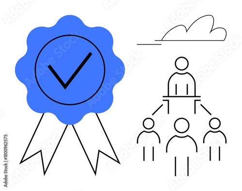 Blue badge with checkmark and ribbon alongside hierarchical team diagram with leader and members. Ideal for leadership, hierarchy, achievement, success, team structure, quality, organization. Simple