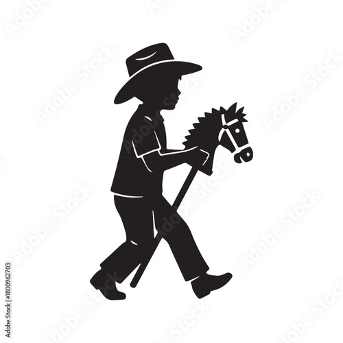 Silhouette of a little boy in a cowboy hat playing with a hobby horse. Child riding a stick horse vector icon, isolated on white background. Symbol of childhood, imagination, and play.
