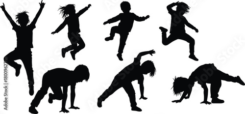 Silhouette of active children jumping and dancing in playful energetic poses, happy kids performing fun movements and joyful gymnastics on white background, vector illustration