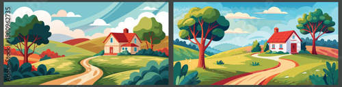 Cartoon landscape background with house and trees vector illustration for creative design use
