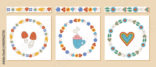 Groovy retro seamless border and frame in colorful pattern, with hand, heart, flower and mushroom motif set. Set includes y2k graphic element, vibrant style playful vintage details throughout.