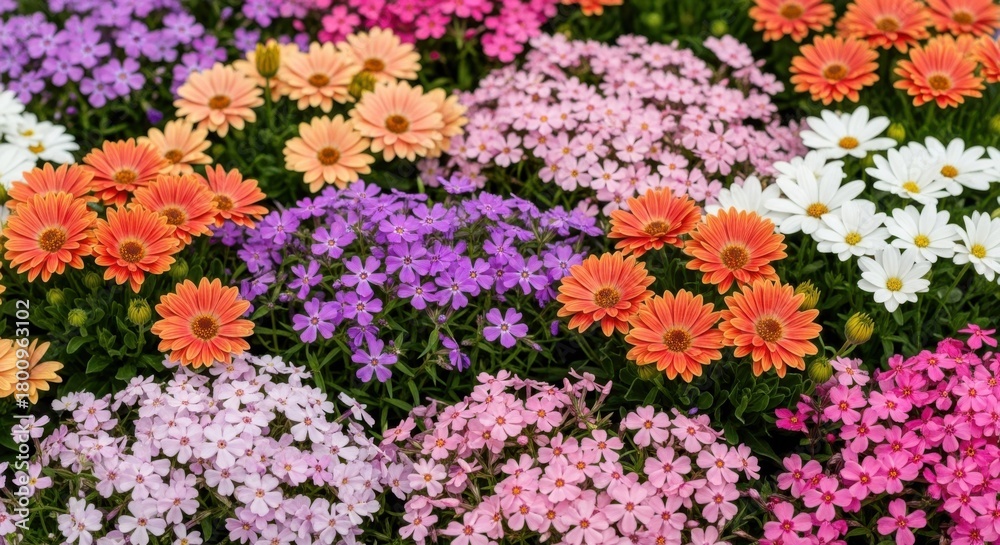 Fototapeta premium A vibrant tapestry of colorful flowers, including orange gerbera daisies, purple aster, and pink phlox, blooming in a garden