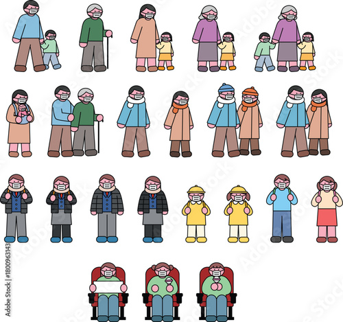 eople and families wearing masks during yellow dust, fine dust, flu, and cold season illustration set