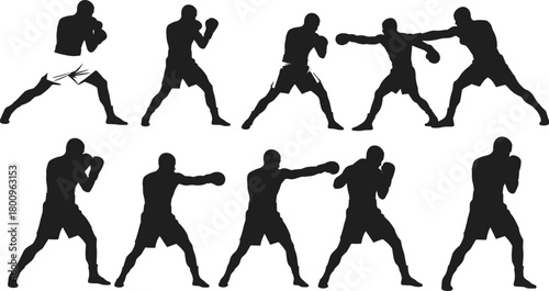 Silhouette of boxer training and fighting poses, boxing athlete movement vector set for sports illustration, martial arts, fitness, and action design concept