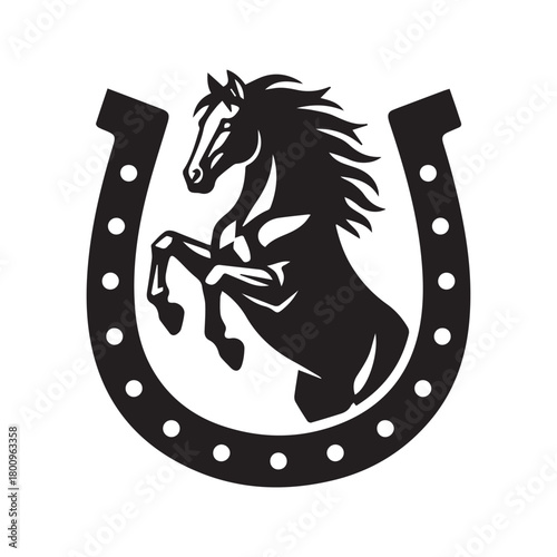 Rearing Horse in Horseshoe Logo. Equestrian Stallion Silhouette Vector Icon. Symbol of luck, power, and western culture. Farm, ranch, or stable emblem isolated on white background.
