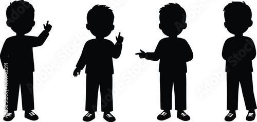 Silhouette of boys showing different hand gestures, standing in various poses, vector illustration of children communication, expression, and body language concept