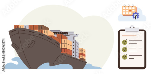 Cargo vessel loaded with containers on calm water, checklist with green checkmarks, calendar with settings gear. Ideal for logistics, supply chain, planning, shipping, trade, organization