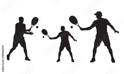 Silhouettes of people playing tennis with rackets and balls