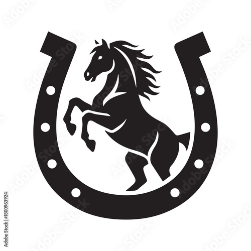 Rearing Horse in Horseshoe Logo. Equestrian Stallion Silhouette Vector Icon. Symbol of luck, power, and western culture. Farm, ranch, or stable emblem isolated on white background.
