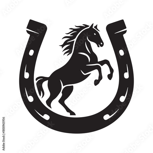 Rearing Horse in Horseshoe Logo. Equestrian Stallion Silhouette Vector Icon. Symbol of luck, power, and western culture. Farm, ranch, or stable emblem isolated on white background.
