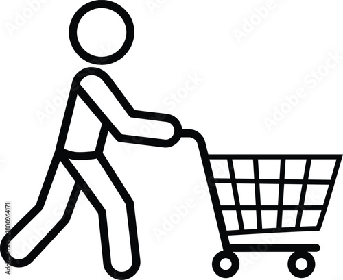 Person pushing shopping cart outline icon vector illustration