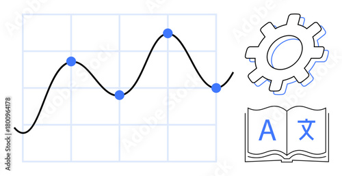 Line graph with data points on a grid, gear mechanism symbolizing processing, and open book representing knowledge or multilingual communication. Ideal for education, research, technology, analysis