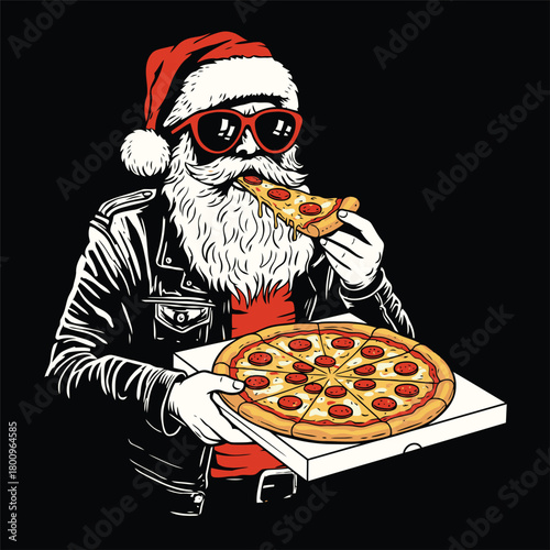 Badass Santa Claus Eating Pizza Vector Illustration