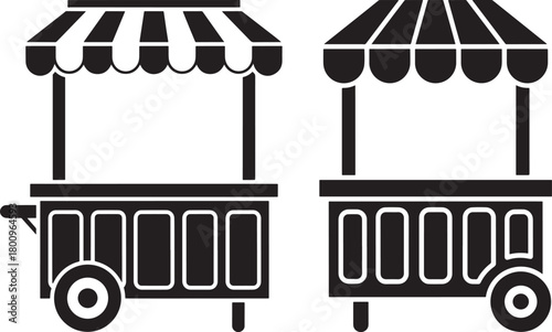 Two food cart silhouettes with striped awnings silhouette