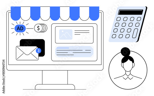 Computer screen with storefront awning, email notifications, ad placements, money icons, calculator, and profile image. Ideal for e-commerce, digital marketing, online business communication