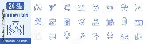 Holiday web icons in line style. Contains icons vacation, holiday, travel, tourism, beach, summer, relax and more. Vector illustration.