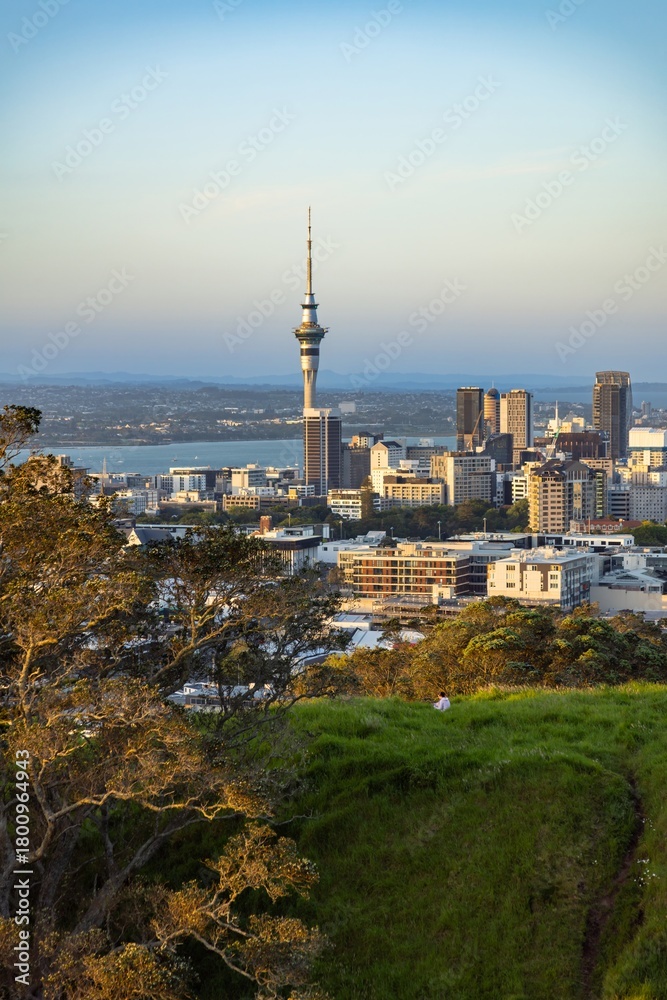 Obraz premium Auckland, New Zealand skyline at sunset. A person sits on a grassy hill, enjoying the view of the city skyline and the iconic Sky Tower. Tourism and travel concept.