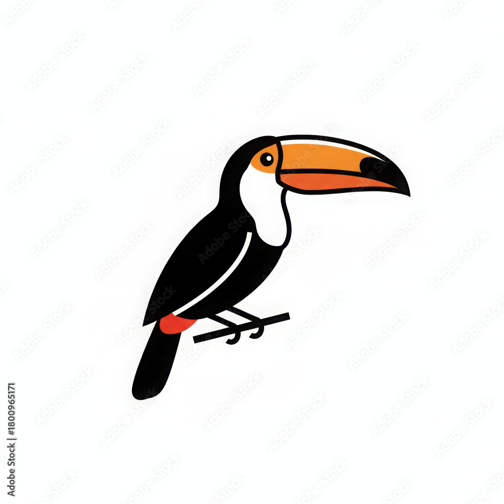 Naklejka premium Vibrant tropical toucan illustration featuring cheerful bird with striking orange beak, black body, and white chest, perched happily on simple branch, exuding lively and joyful mood
