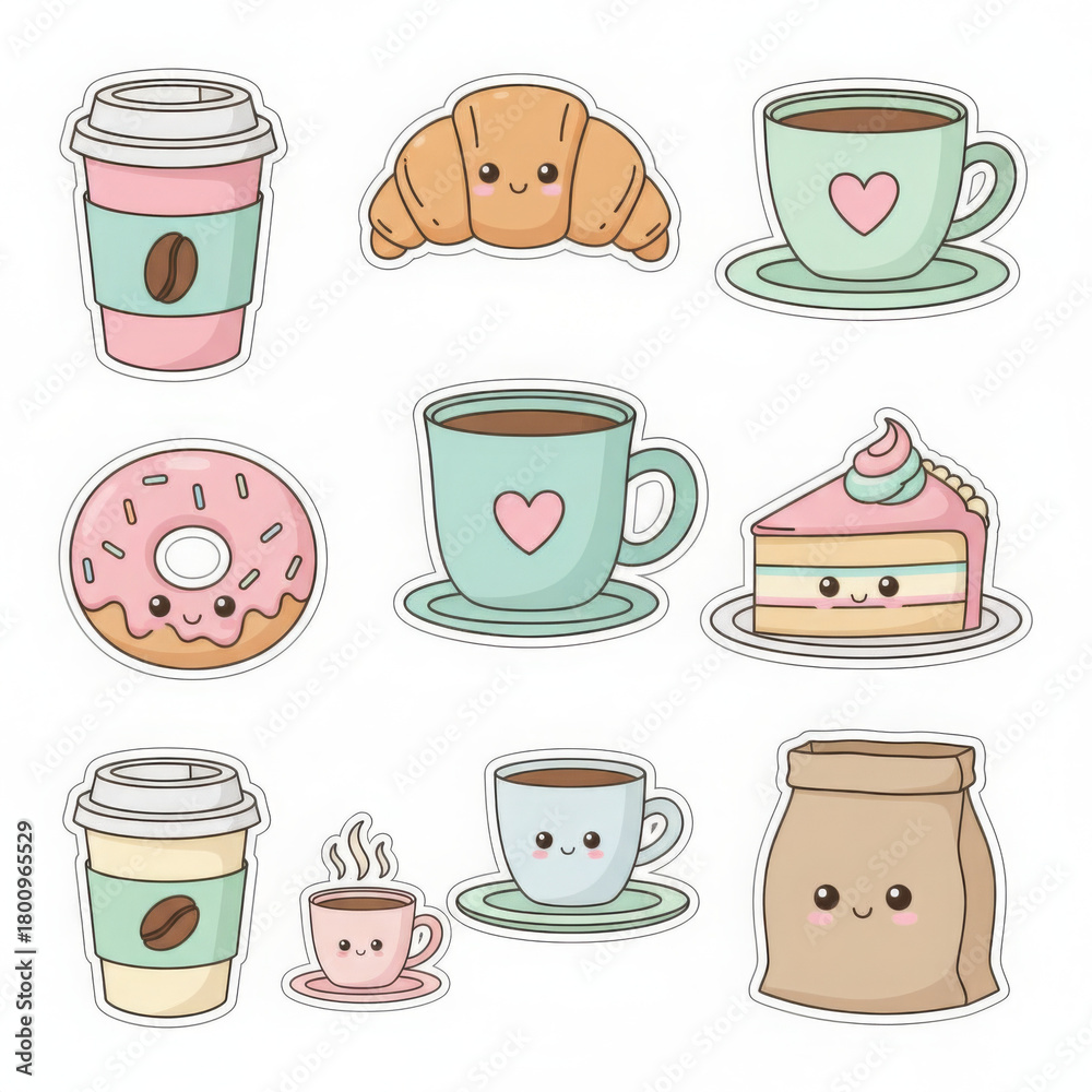 Obraz premium Cute kawaii illustration of delicious food and drink items with smiling faces, perfect for breakfast or dessert. charming collection of coffee cups, donut, croissant, cake slice, paper bag
