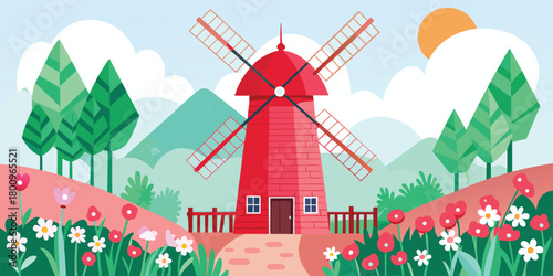 Cartoon windmill landscape background vector illustration for graphic design and decoration
