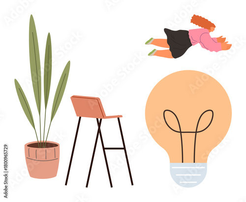 Flying woman in pink near lightbulb, potted plant, and modern chair. Ideal for creativity, innovation, new ideas, imagination, growth inspiration dreaming. Simple flat metaphor