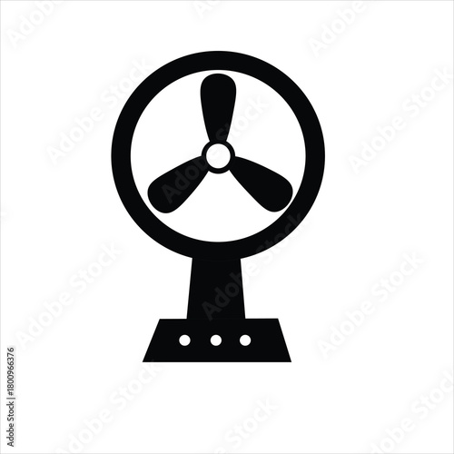 Retro desk fan illustration. Classic metal design with prominent blades, protective cage, and sturdy base. Cooling, vintage appliance, air circulation.