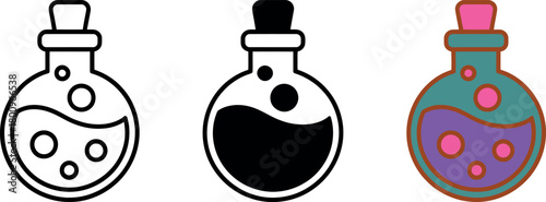 Potion bottles icon set with magical liquid and bubbles for witchcraft
