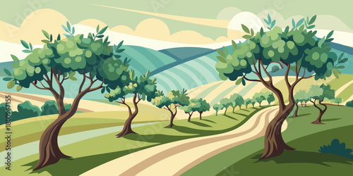Scenic olive grove landscape illustration vector art design for graphic design and web projects use
