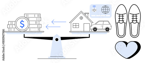 Scales balancing money and assets thumbs up a house, car, and internet with arrows indicating decision-making. Shoes and heart symbolize lifestyle and emotional priorities. Ideal for budget