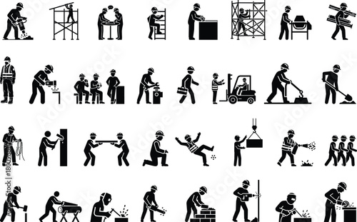 Construction Workers Silhouette Icon Pack – Labor Activities, Safety, Tools and Job Site Actions Vector