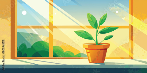 Plant pot by the window illustration vector design for home decor and nature themed backgrounds

